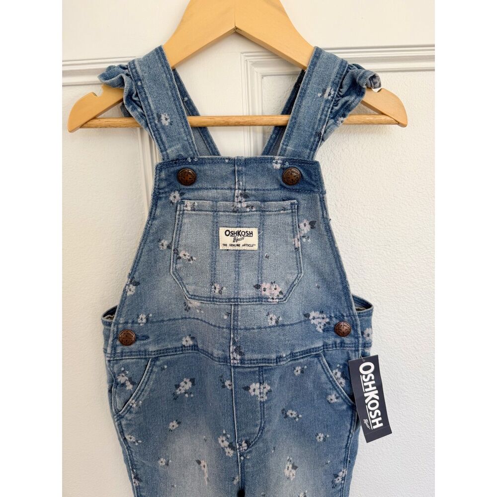 OshKosh B’Gosh Girls 2T Floral Denim Overalls NWT Blue Jean Bib- NWT